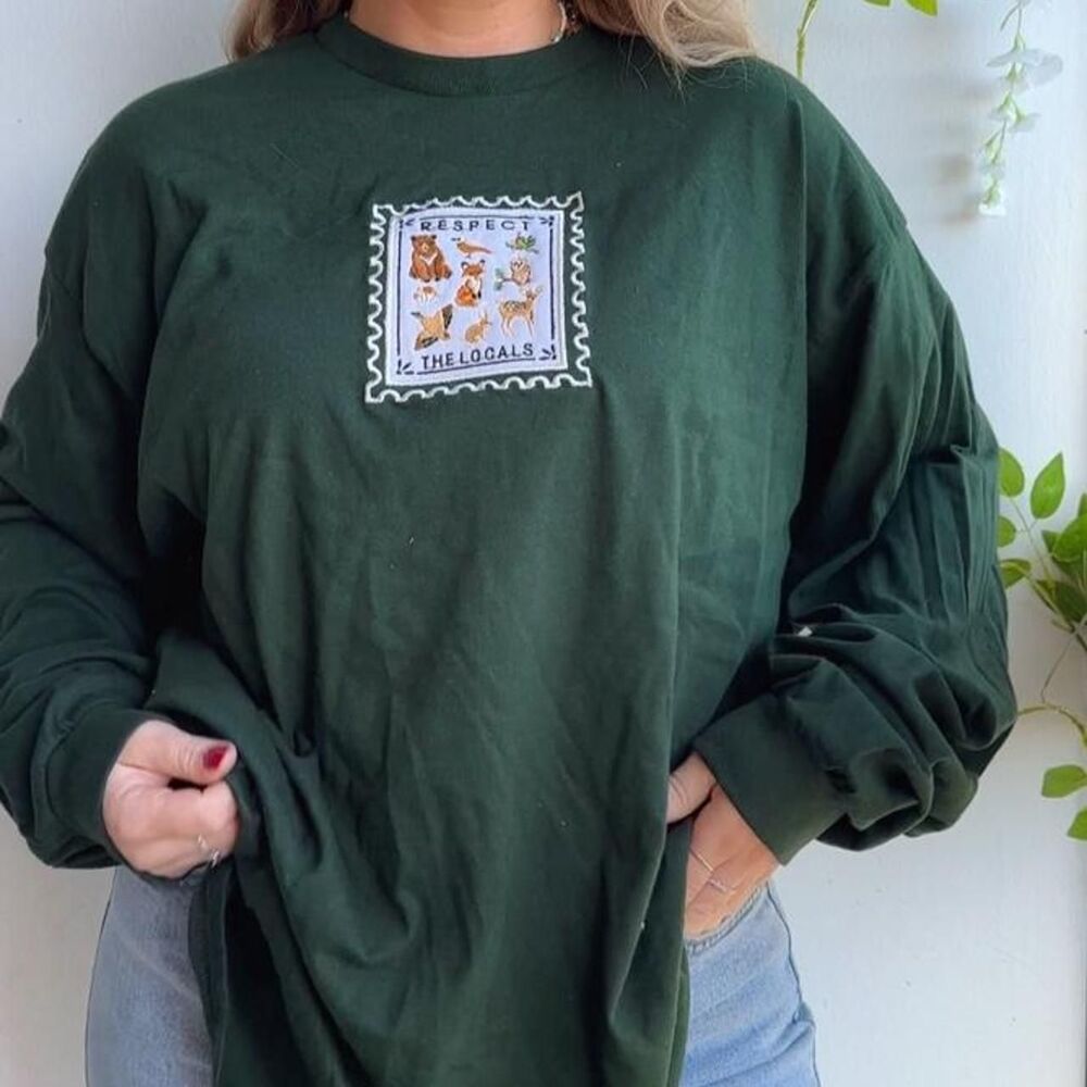 NWT respect the locals patchwork embroidered green 100% cotton long sleeve tee